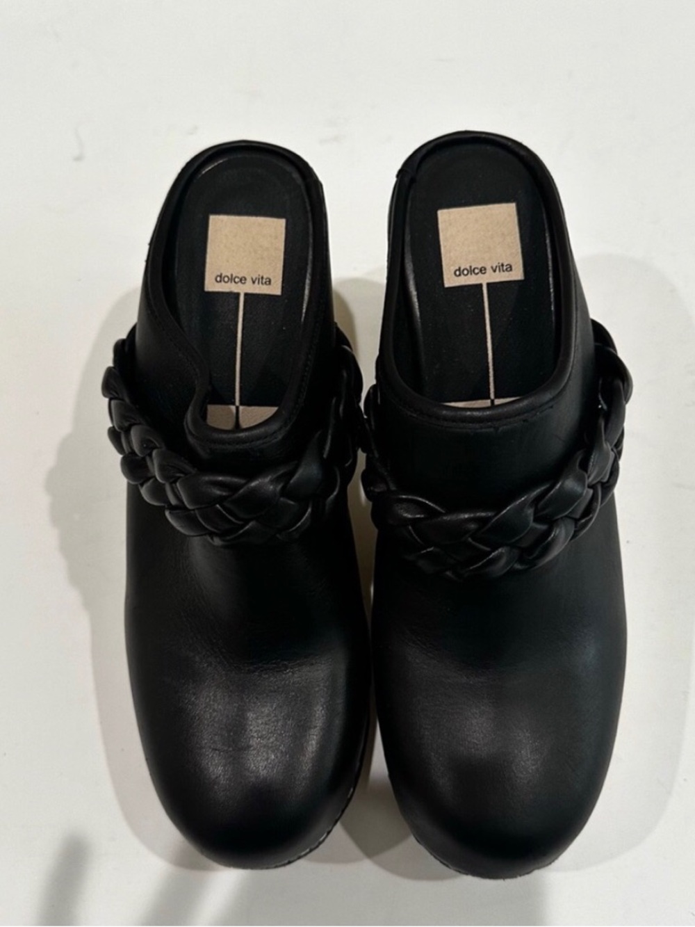 Dolce Vita Black Leather Braided Clog Mules with Wooden Platform Shoes NWOT - Picture 5 of 15